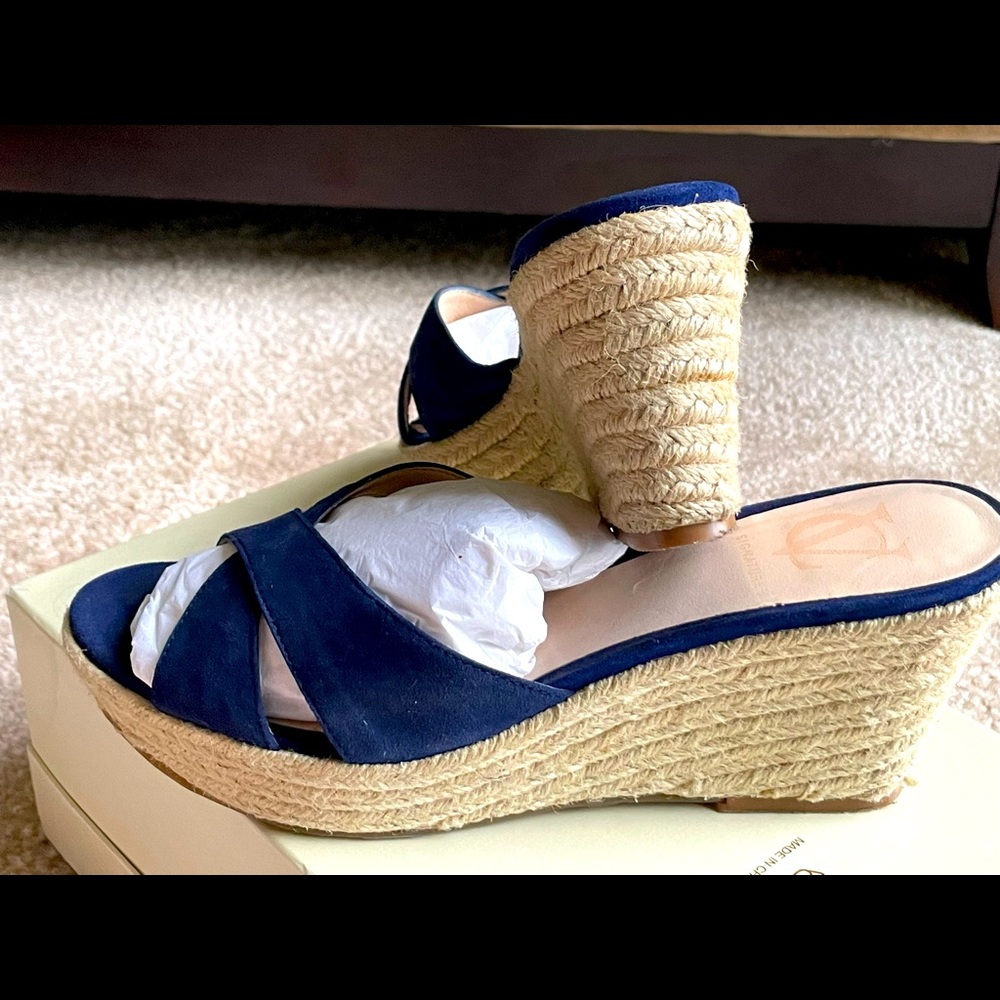 Blue suede espadrille wedge heels. Size 9.